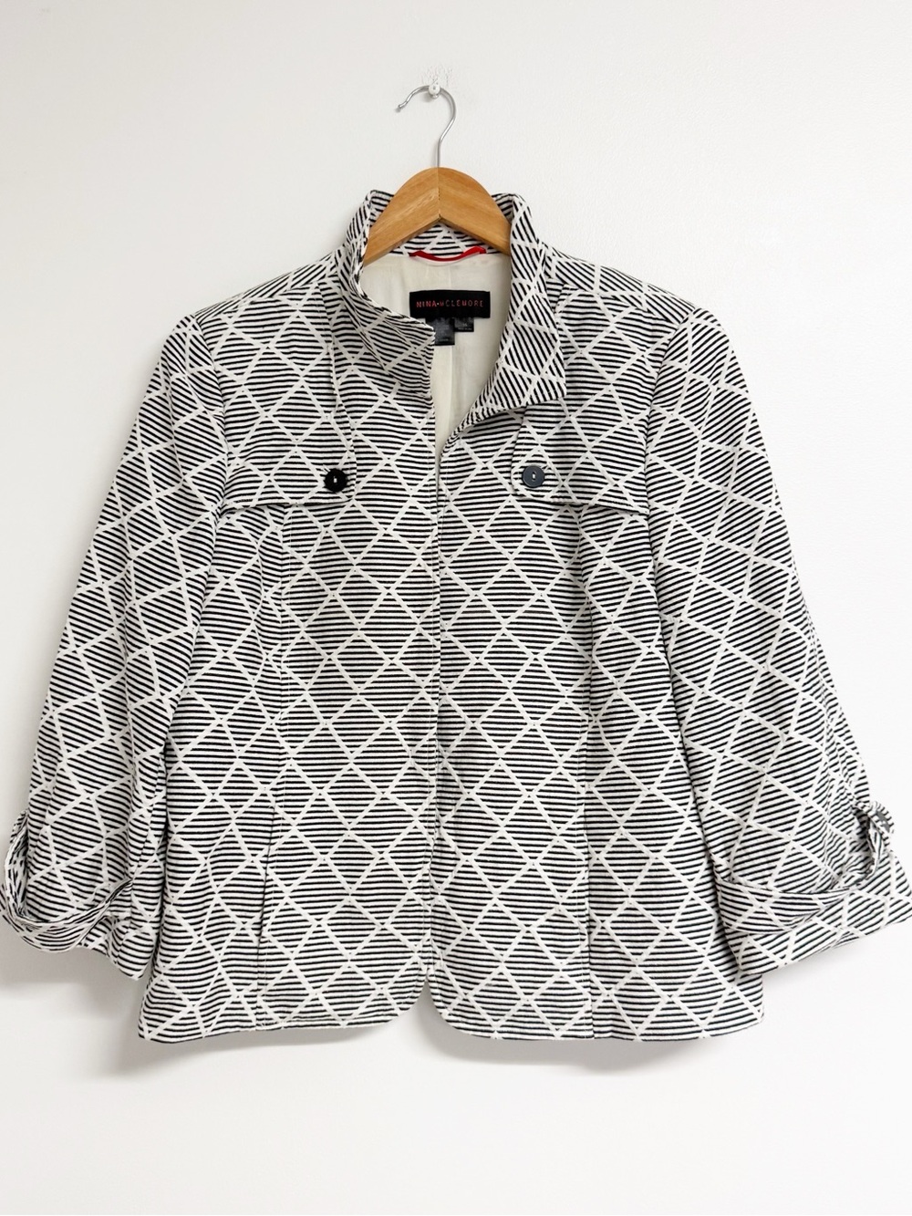 Nina McLemore Women’s Size 16 Black White Geometric Jacket Silk Lined USA